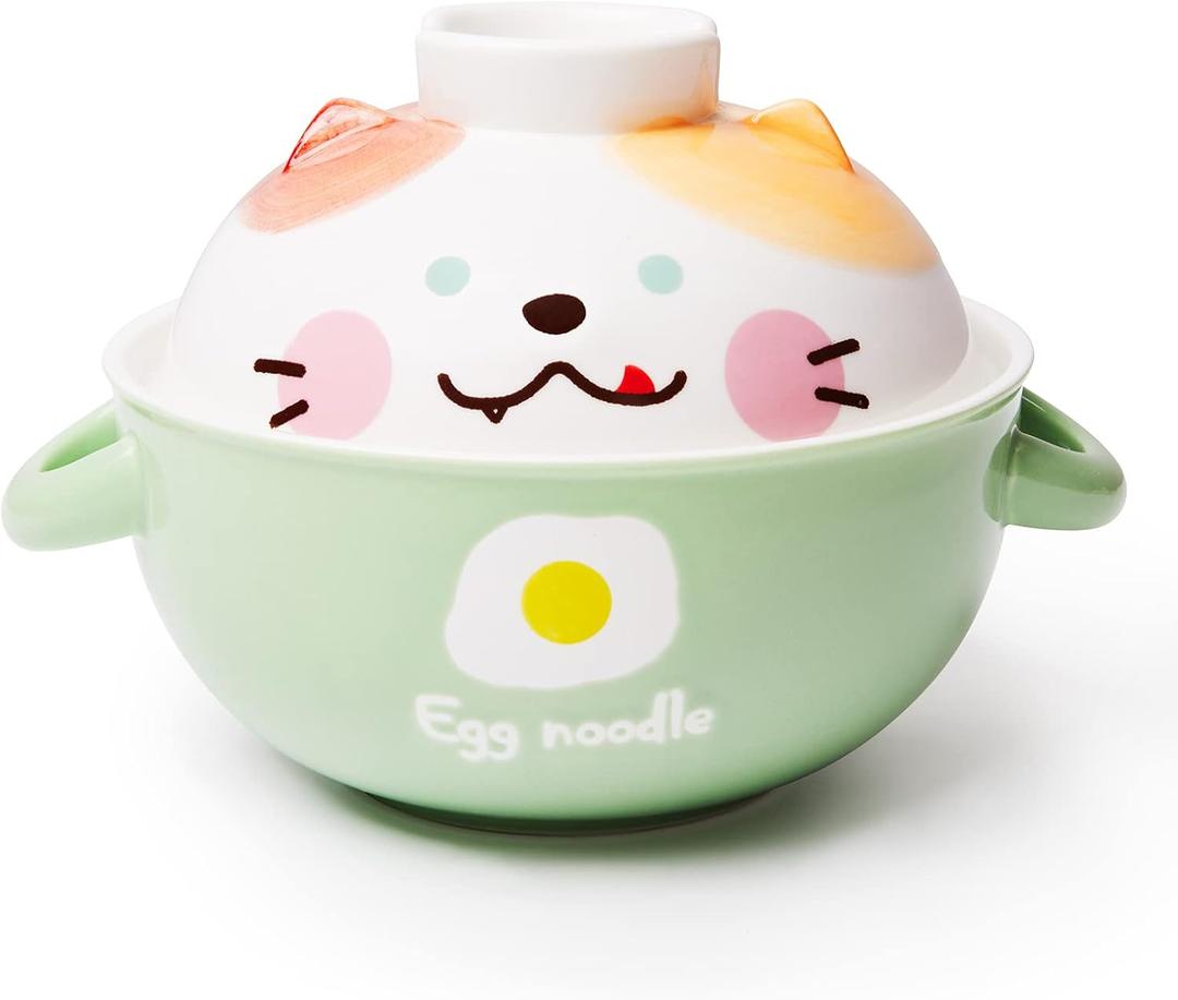Ceramic Ramen Bowl with Lid and Handle, Microwaveable Ramen Cooker for Noodle, Pho, Soup, and Pasta, Dishwasher Safe and Portable, Ideal for Home, Office, Dorm, or Gift, 32OZ(Cat)