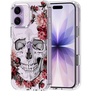 MOSNOVO for iPhone 17 Case | Military Grade 6.6ft Drop Tested | Camera Control | Clear with Red Flower Skull Design