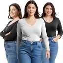 Emmalise Women's Junior and Plus Size Vneck Tshirt Long Sleeves Shirt Tee (Black, M)