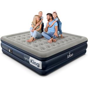 iDOO King Size Air Mattress With Built-In Pump, 18" Raised Inflatable Bed, Upgraded Guest Airbed With Storage Bag, 750 lbs Max, Grey