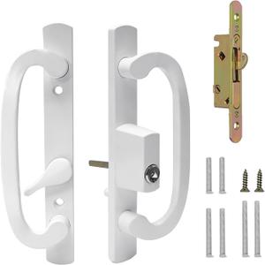 Keyed Sliding Patio Door Handle Set with Mortise Lock, Offset Thumbturn - Replacement Doors Lock Fits 1-3/8" to 2-1/4" Thick Door, 3-15/16" Hole Spacing White (Keyed Handles + Mortise Lock)