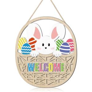 HOURIA 3D Bunny Welcome Door Decor,10.2”*11.8"Inch Happy Easter Sign for Wreath,Colorful Easter Eggs Rabbit Decorations for Home Indoor Outdoor Porch Yard