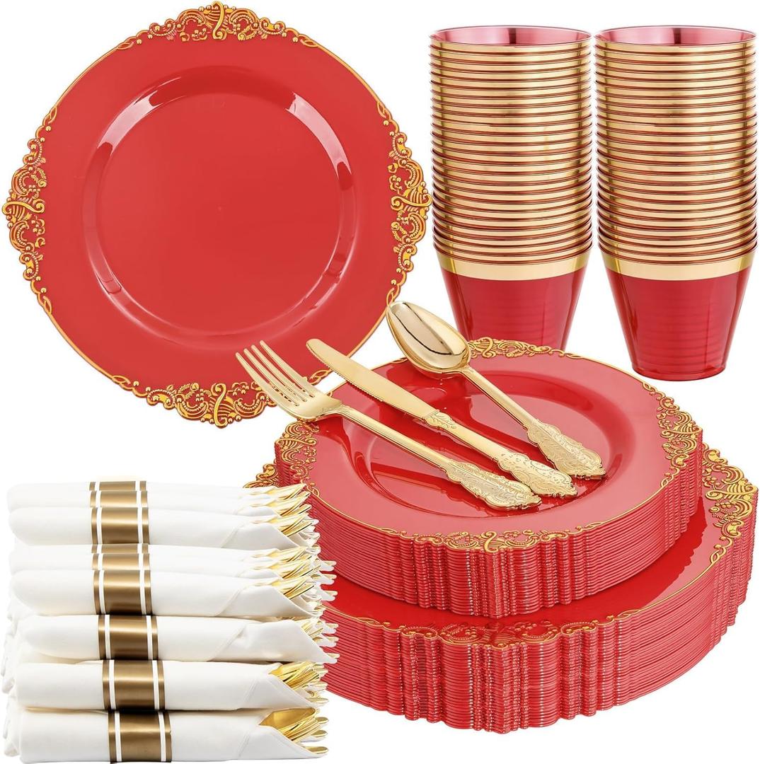 Nervure 175PCS Red Plastic Plates - Disposable Red Gold Party Plates & Pre Rolled Napkins with Cutlery for 25 Guests, 50Plates, 75Silverware, 25Cups, 25Napkin for Wedding & Party & Mother's Day