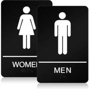 Restroom Sign - ADA Compliant Braille Bathroom Signs for Business with Double Sided 3M Strong Tape - ABS Plastic 9 x 6 for Offices and Restaurants (Pack of 1, Black (Men + Women))