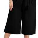 Lastshe Women's Casual Plus Size Cropped Wide-Leg Pants with Pockets Lightweight High Waisted Adjustable Tie Knot Capri Palazzo Trousers, Black, 4X