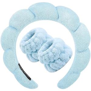 Zkptops Spa Headband for Washing Face Wristband Set Sponge Makeup Skincare Headband Terry Cloth Bubble Soft Get Ready Hairband for Women Girl Puffy Padded Headwear Non Slip Thick Hair Accessory(Blue)