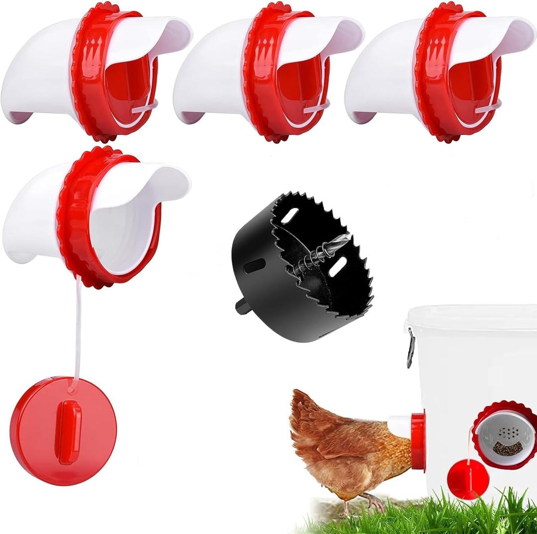 Chicken Feeder Port Kit 4 Pack Automatic Poultry Feeder Cups for Buckets & Bins, No Waste Rainproof DIY Chicken Feeders for Hens, Ducks & Other Poultry