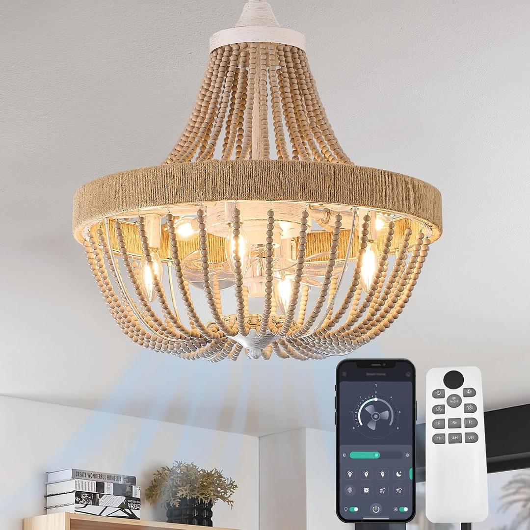 Vintage Bohemian Empire Chandelier Fan with 64 Wood Bead Strands, 7-Blade Invisible Fan, Antique White Gold Finish Ceiling Fan for Living Room, Bedroom  White-rubbed Gold, 20 inch, Wooden Bead