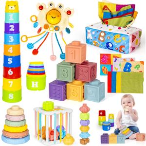6 in 1 Montessori Toys for Babies Newborn Stacking Block Soft Infant Ring Shape Learning Sensory Bin Pull String Teething Toy Tissue Box for Toddlers 18M+ 2 3 Year Old Boy Girl Gift
