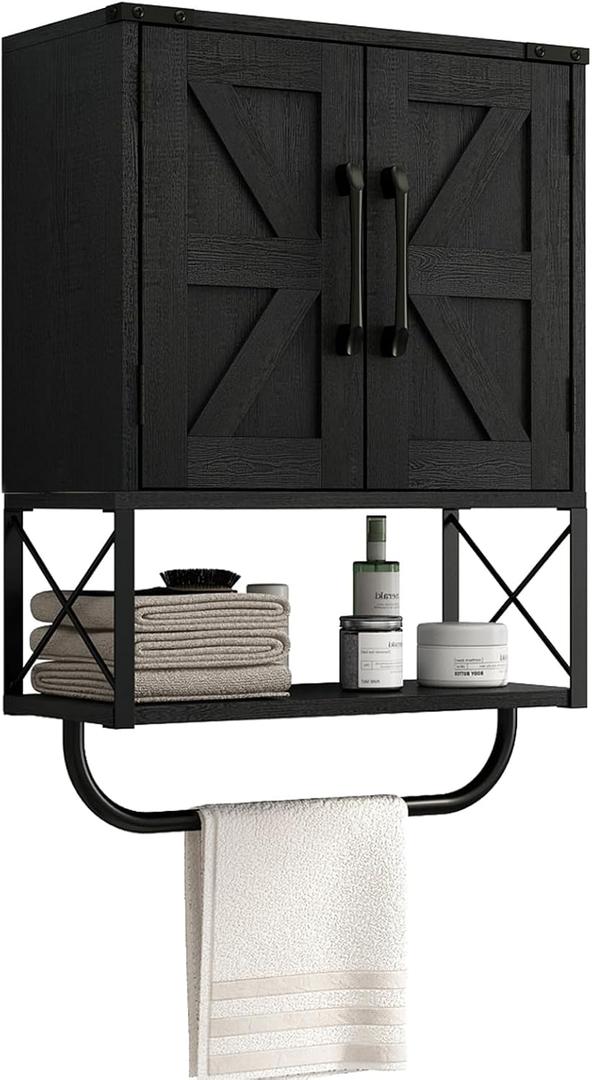 RUSTOWN Farmhouse Rustic Medicine Cabinet with Two Barn Door,Wood Wall Mounted Storage Cabinet with Adjustable Shelf and Towel Bar, 3-Tier Cabinet for Bathroom, Living Room(Black)