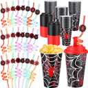 Yungyan 16 Sets Spider Party Favors Goodie Cups with Lids and Straws for Halloween Party Decorations Reusable 16oz Plastic Candy Cups Plastic Straws for Birthday Gift (Spider)