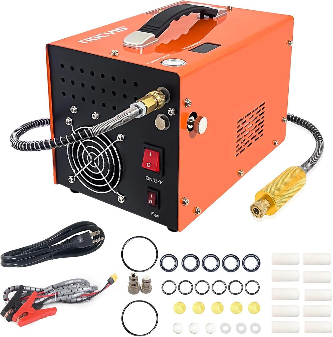 PCP Air Compressor 4500Psi 30Mpa Waterless/oil-free Air Pump Rifle Pistol Paintball Tank Power Supply Built-in 12V car DC 110V AC Household with Power Converter And Oil Wet Filter Easy To Carry (Orang)
