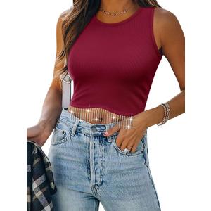 Nlife Womens Western Concert Sparkly Fringe Tops Cowgirl Tassel Tank | western tank,concert,Ribbed texture,Sparkly tassel,Going Out,party,Glitter (Red, L)