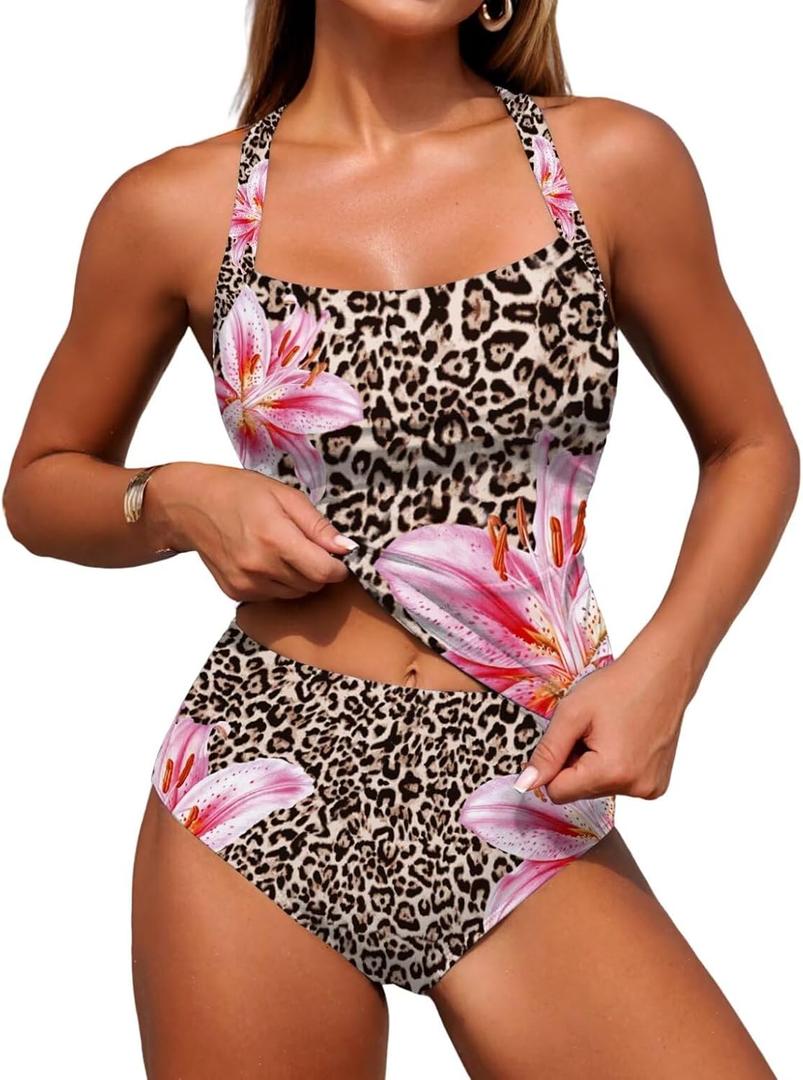 ZAFUL Women's Tankini Swimsuits Tummy Control Swimwear Two Piece Bathing Suits Swim Top with High Waisted Bottom (Pink, S)