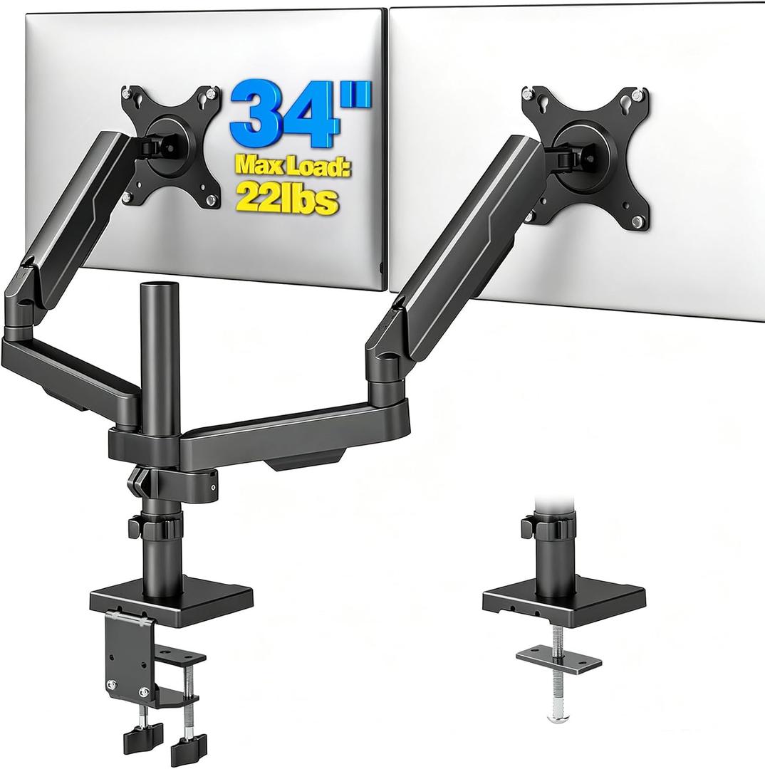 Rfiver Dual Monitor Stand Desk Mount for 17-34" Screens Holds up to 22lbs | Full Motion Height Adjustable, Tilt/Swivel, 360 Rotation VESA 75/100mm, Compatible C-clamp/Grommet Base Install