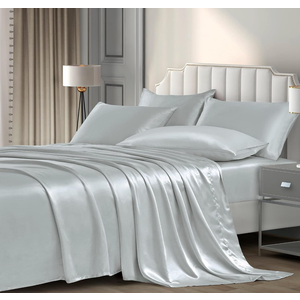 P Pothuiny 6 Pieces Queen Satin Sheets Luxury Silky Black Satin Bedding Sheet Set, 1 Deep Pocket Fitted Sheet + 1 Flat Sheet + 4 Pillow Cases, Grey