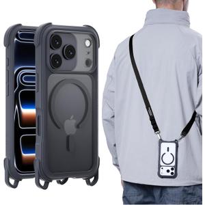 MAGEASY Compatible with iPhone 17 Pro 6.3" Case with Strap - 20ft Drop Protection Compatible with MagSafe, Leather Embedded Frame | Odyssey Strap M (Leatherette Midnight)