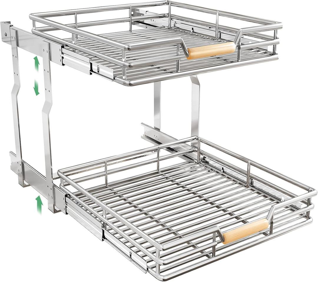 Pull out Cabinet Organizer(23"W X 21"D)-2 Tier, Heavy-Gauge Chrome Frame, Full-Extension Slide Rails, Height-Adjustable, Stylish Wooden Handle, Easy Installation for Kitchen Cabinet Organizer