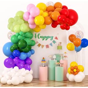 RUBFAC Rainbow Balloons Garland Arch Kit, 129pcs 12 Assorted Color Balloons Colorful Party Balloons for Birthday Party Baby Shower Decoration