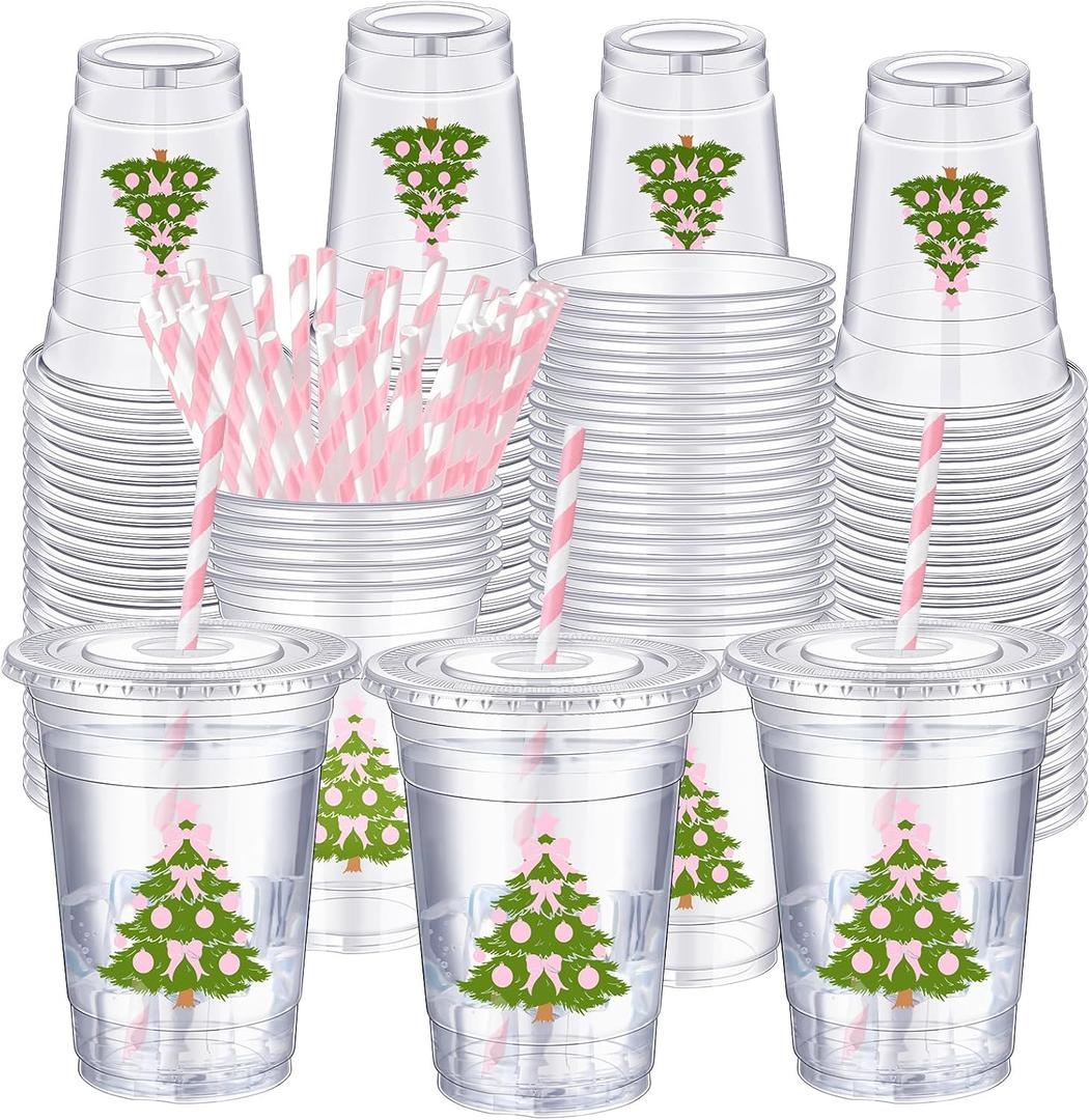 Sliner 50 Pcs 16 oz Coquette Disposable Plastic Cups with Straw for Party Supplies Bow Cups Birthday Wedding Bridal Engagement Party Drinkware Baby Shower Decoration (Christmas Tree)