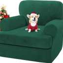 H.VERSAILTEX Sofa Cover 2 Piece T Cushion Armchair Slipcovers Thick Velvet Couch Cover Stretch T Cushion Sofa Covers for 1 Cushion Couch with 1 Individual T Cushion Covers, Vintage Green