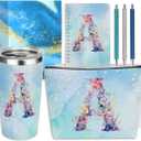 Personalized Gifts Monogrammed Birthday Gifts for Women, Coworker Bride Appreciation Christmas Initial 20 oz Tumbler, Makeup Bag Cup Ballpoint Pens Journal Notebook 6 Set, (Aesthetic Blue Flower A)