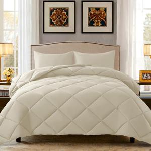 ELNIDO QUEEN Full Size Comforter Set - Beige All Seasons Bedding Comforters & Sets with 2 Pillow Cases - 3 Pieces Soft Quilted Warm Fluffy Bed Set - Down Alternative Comforter Set - Full(82x86 inch)