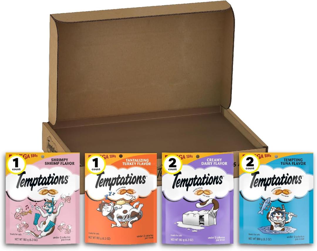 Temptations Cat Treats Classic Crunchy and Soft Cat Treats Variety Pack, 6.3 oz. Pouches (Pack of 6)