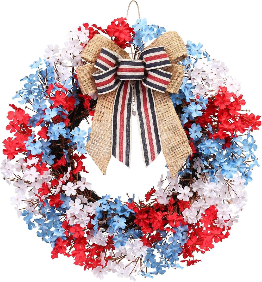 RoseCraft 22inch 4th of July Wreath, Artificial Red White Blue Patriotic Bow Wreaths for Front Door, Memorial Day Independence Day Veterans Day Decor, for Wall Porch Indoor Outdoor Decorations.