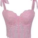 SHYMMUO Lace Corset Tops for Women Bustier Crop Top Sexy Lingerie Ribbon Straps Camisole (Pink) XL