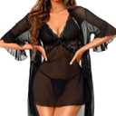 RSLOVE Women Sexy Lingerie Set - 3 Piece Babydoll & Lace Kimono Robe Strap Chemise Nightgown Mesh Sleepwear (Black, XL)