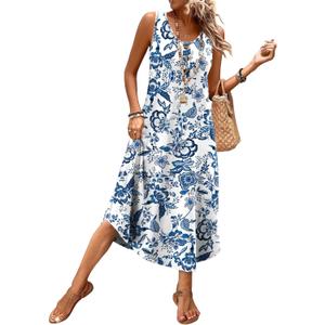 WIHOLL Summer Dresses for Women 2026 Button Front Sleeveless Casual Midi Dress Beach Vacation Sundresses with Pockets (Large, Blue Boho Print)