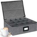 homyfort Mug Coffee Storage Box with Dividers - Stackable Glass China Storage Containers Hard Shell with Lid, Label and Handles, Holds 12 Coffee Mugs and Tea Cups (Dark Grey)