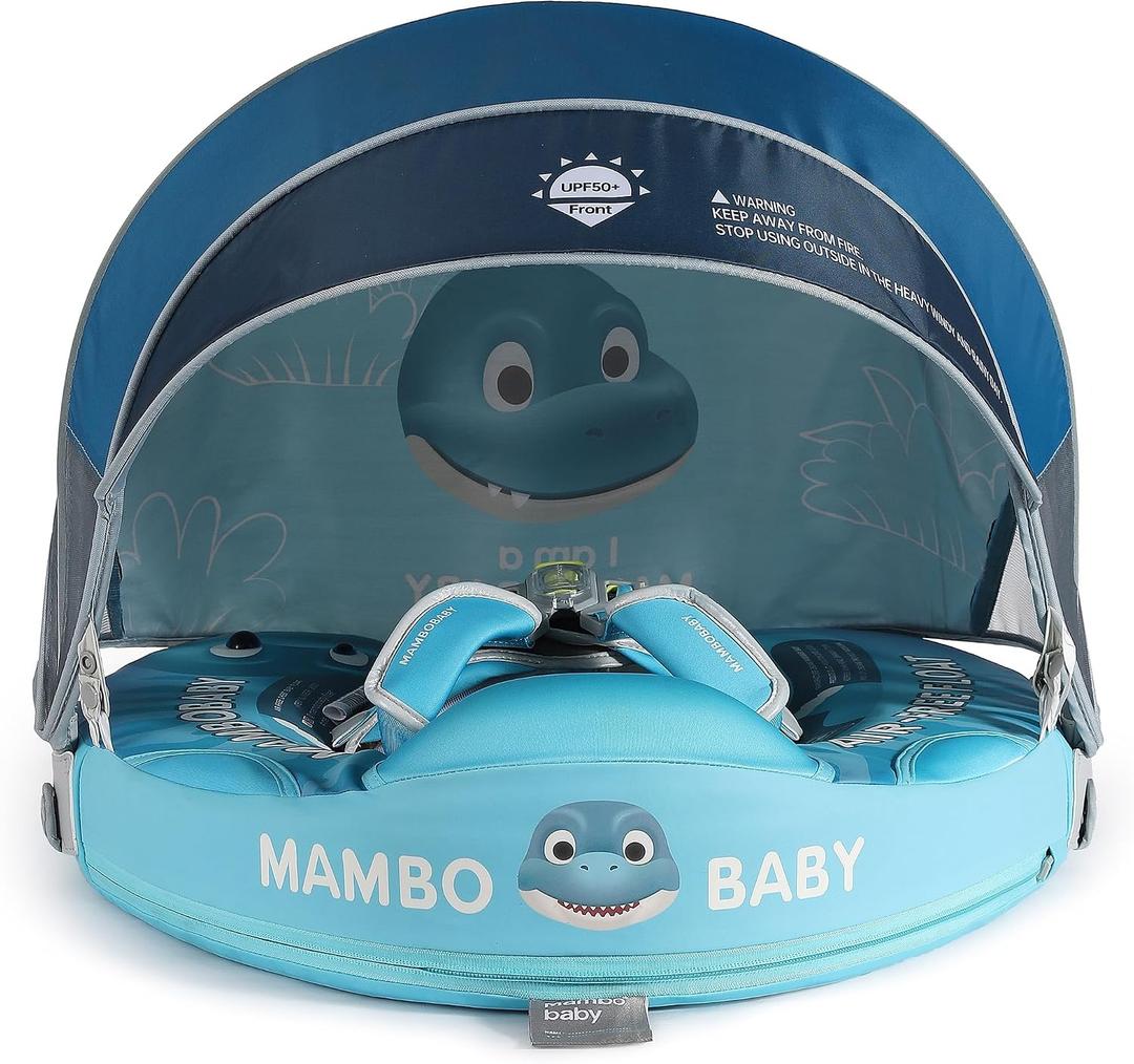 Mambobaby Float Add Tail Baby Swim Float with Canopy Solid Pool Infant Swim Trainer Swimming Training Lying Air Free Water Floats Non-Inflatable Waist Swim Ring for Toddlers (Dinosaur), Medium