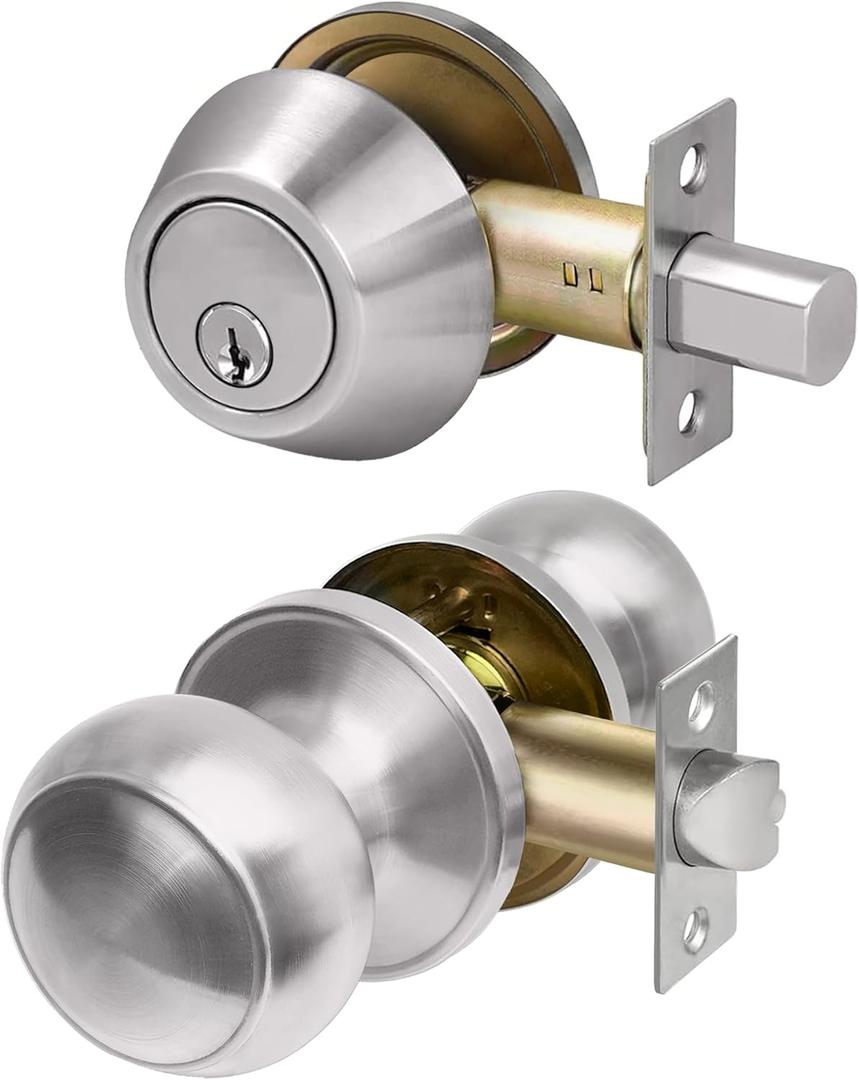 CML Hardware Entry Deadbolt Door Lock and Passage Knob Combo Set, Single Cylinder Deadbolt Lock with Keys for Exterior and Interior Door, Stainless Steel, 1 Pack