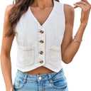 Yousify Women's Summer Tops Denim Vest Sleeveless V Neck Button Down Jean Y2k Crop Jacket With Pocket (Large, Beige)