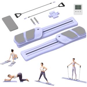 Pilates Board for Home Workout - Upgraded 7 in 1 Portable Pilates Reformer Set, Multifunctional Ab Trainer with Resistance Bands & LED Timer, Pilates Board for Women Full Body Workout Blue (Purple)
