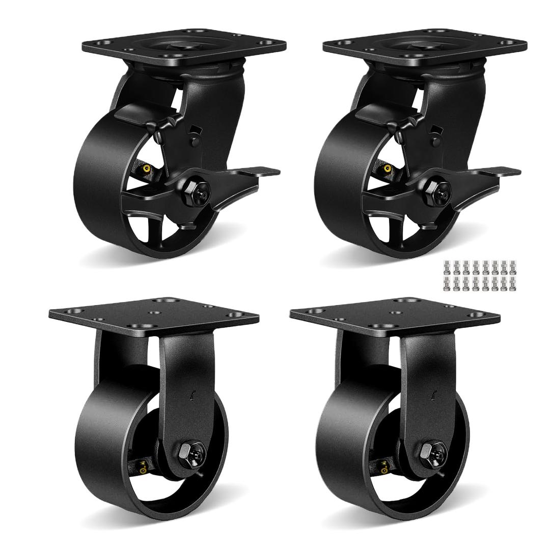 Industrial Caster Wheels 4X2 5X2 6X2 8X2 Heavy Duty 3200-6000 lbs - Cast Iron/Steel Rigid Brack Casters Set of 4 for Furniture,WorkBrench,Tool Box, Equipment (4 inch (2 Rigid+2 Brake))