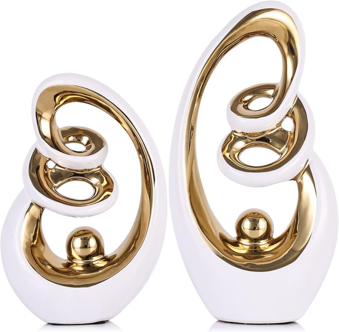 Modern Abstract Porcelain Sculpture, White Gold Show Piece for Home, Knick Knacks for Decor, Tv Stand Centerpiece