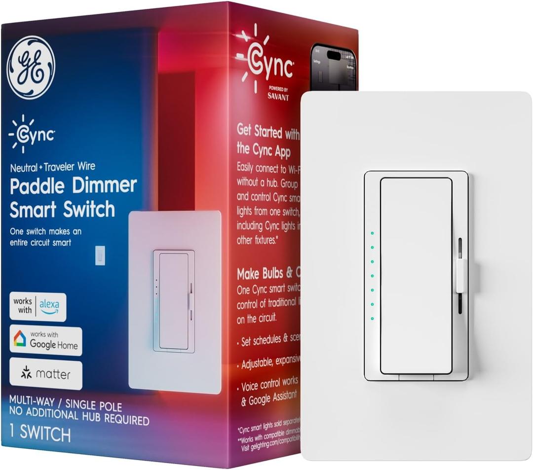 2 x GE Cync Paddle Dimmer Smart Switch, Highly Customizable Dimmer Switch, Works with Alexa and Google Home, Matter Compatible, Easy to Install Smart Light Switch (1 Pack)