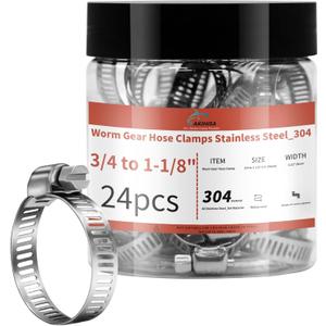24 Pack 3/4'' - 1 1/8'' Worm Gear Hose Clamps, Adjustable Range 19-29mm 304 Stainless Steel Fuel Line Hose Clamps for Pipe, Plumbing, Automotive And Mechanical Application