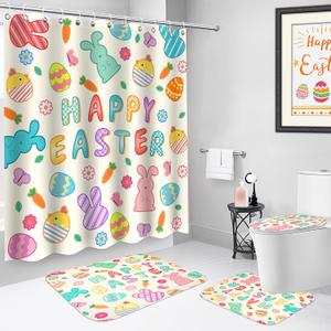4Pcs Easter Shower Curtain Set with Non Slip Rugs, Toilet Lid Cover and Bath Mat, Easter Bathroom Decor Spring Bathroom Set, Bunny Shower Curtains with 12 Hooks (Colorful)