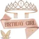 birthday girl sash and crown Rhinestone Tiara Set Birthday Sash and Tiara for Women Birthday Decoration Kit Rhinestone Headband for Girl Glitter Crystal Hair Accessories for Birth Party (Rose Gold Set)