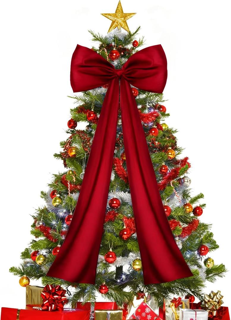 JOICEE Extra Large Christmas Tree Topper Bow, 20 x 47 Inches Christmas Red Stain Bow Giant Xmas Wreath Bows Decorations for Tree Topper Door Home Wall Party Holiday Birthday Wedding Decor