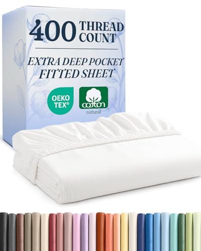 Extra Deep Queen 400 Thread Count Cotton Fitted Sheet - Hotel Luxury Single Fitted Sheet Only - Easily Fits 18" to 24" Mattress - Soft, Wrinkle Free, Breathable and Comfy - Extra Deep Pockets - White