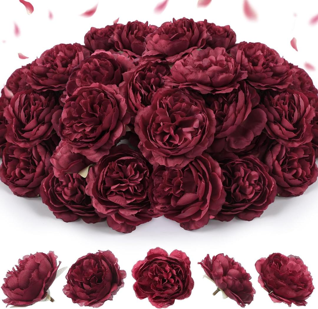 50 Pcs Artificial Flowers, 3.2 Inches Silk Rose Head Flowers Fake No Stem for Wedding Bridal Bouquet Home Floral Decor DIY Centerpieces Arrangements Party Tables Decoration(Burgundy)