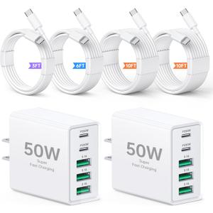 2-Pack 50W USB C Wall Charger, 5-Port PD Fast Charging Block with 3/6/10/10FT USB C Cables, Multiport Type C Power Adapter for iPhone 17/16/15/14/13 Pro Max, iPad, Switch, Samsung Galaxy S26/S25 Ultra