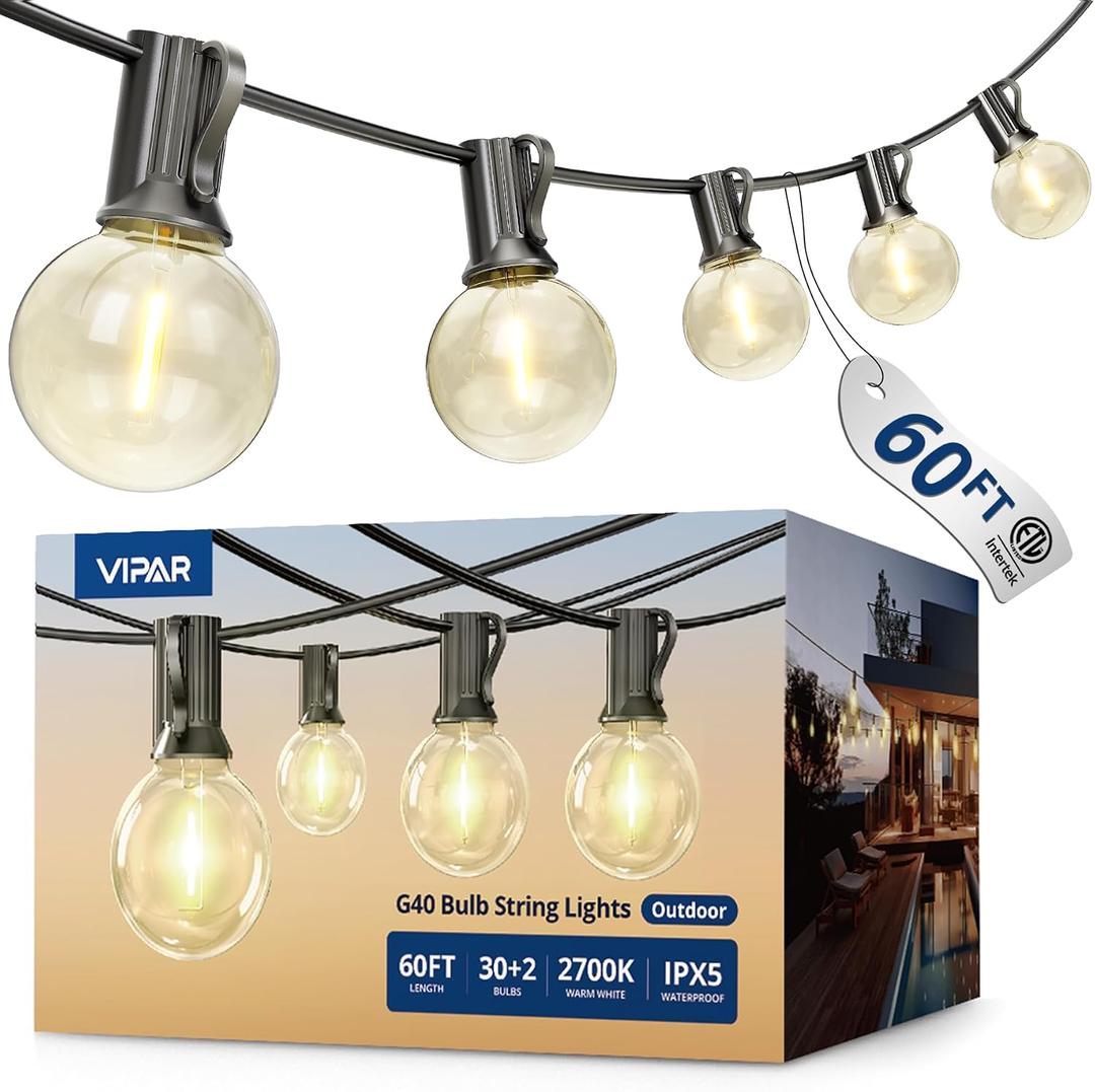 VIPAR Outdoor String Lights, 60FT 32 G40 Bulbs Patio Lights Outdoor Waterproof, Shatterproof Vintage Connectable LED Outside Hanging Light for Backyard, Porch, Garden, Deck, Bistro, 2700K Dimmable