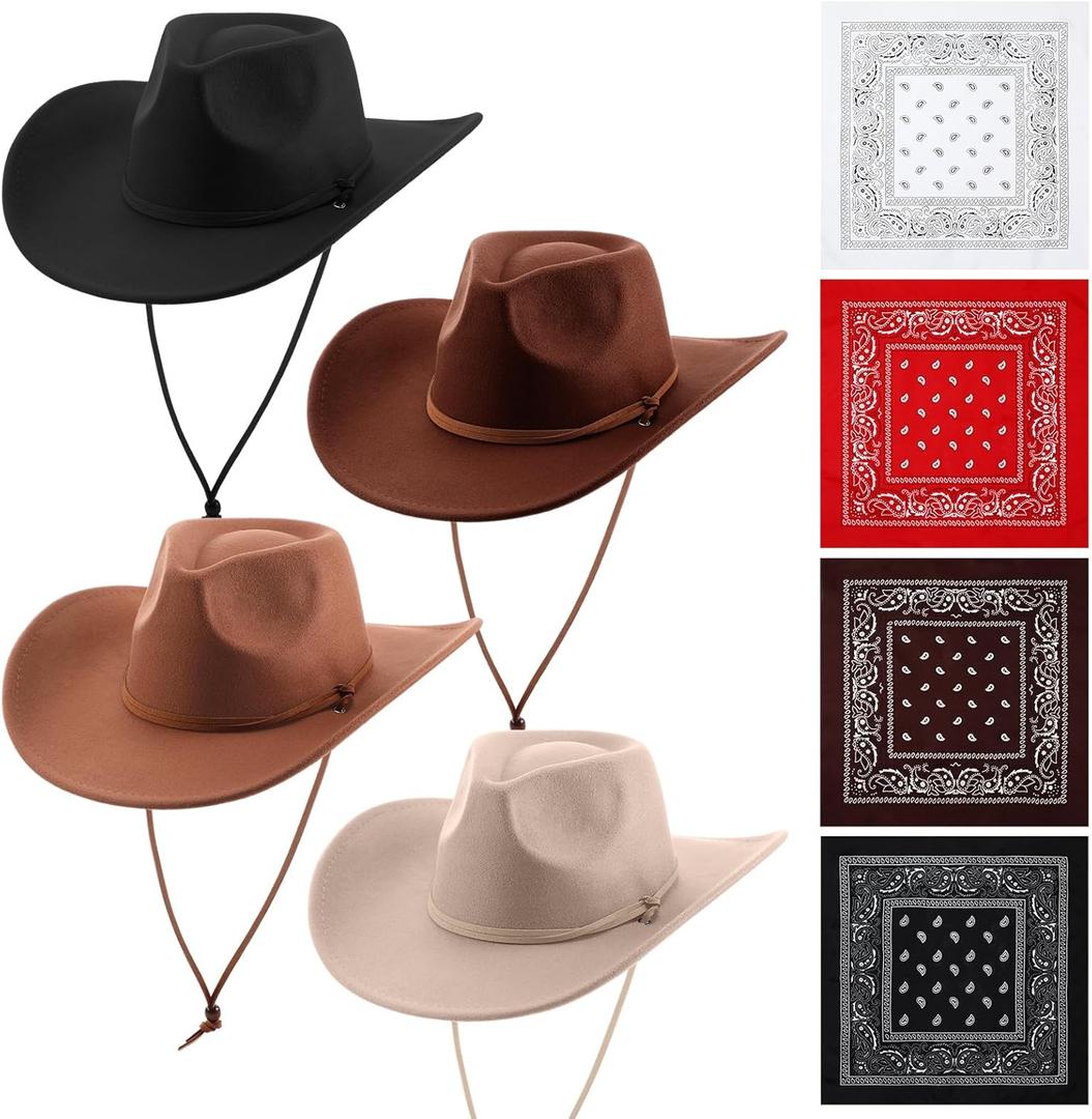 4 Sets Cowboy Hats Bandanas Felt Western Wide Brim Belt Buckle Panama Hats Bandanas Set for Women Men Burning Rodeo (Classic Color)