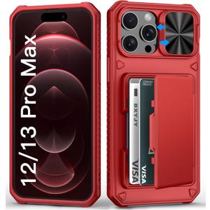 for iPhone 12 Pro Max & 13 Pro Max Case Wallet with Card Holder (4-5 Cards), Military Drop Protection, Slide Camera Cover, Shockproof Heavy Duty Men Women Phone Case for iPhone 12 Pro Max, Red
